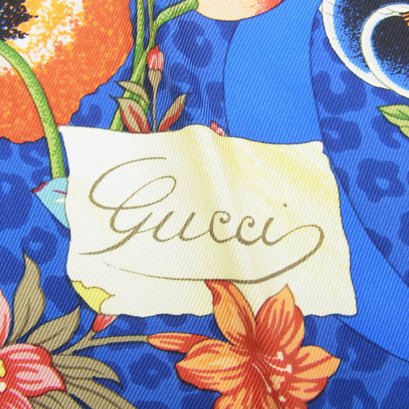 GUCCI グッチ シルク100％ 花柄 フラワー 総柄 スカーフ レオパード グリーン ブルー系【中古】