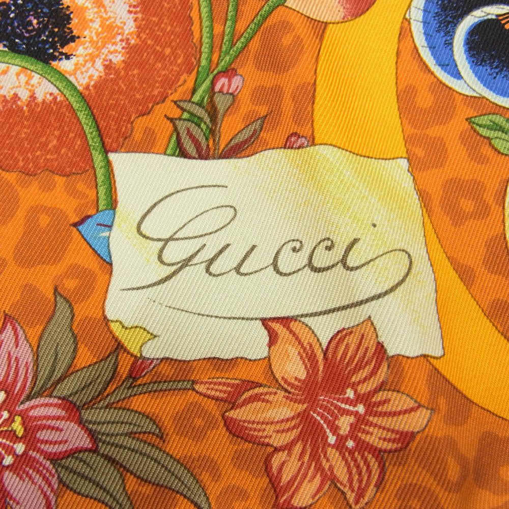 GUCCI グッチ シルク100％ 花柄 フラワー 総柄 スカーフ レオパード オレンジ オレンジ系【中古】