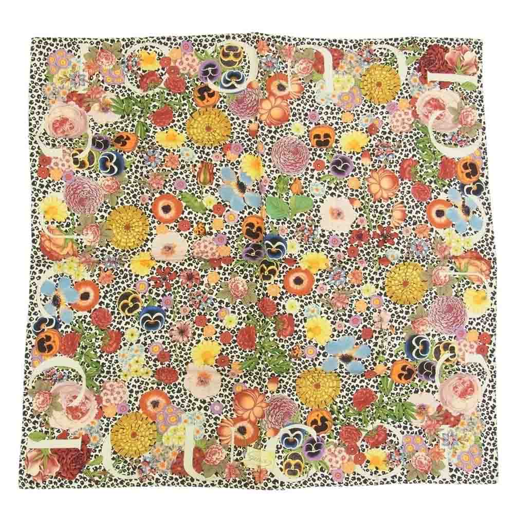 GUCCI グッチ シルク100％ 花柄 フラワー 総柄 スカーフ レオパード ホワイト マルチカラー系【中古】
