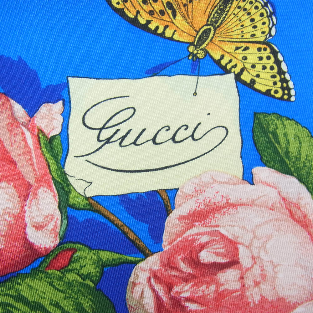 GUCCI グッチ シルク100％ 超 花柄 フラワー 蜂 スカーフ ブルー系【中古】