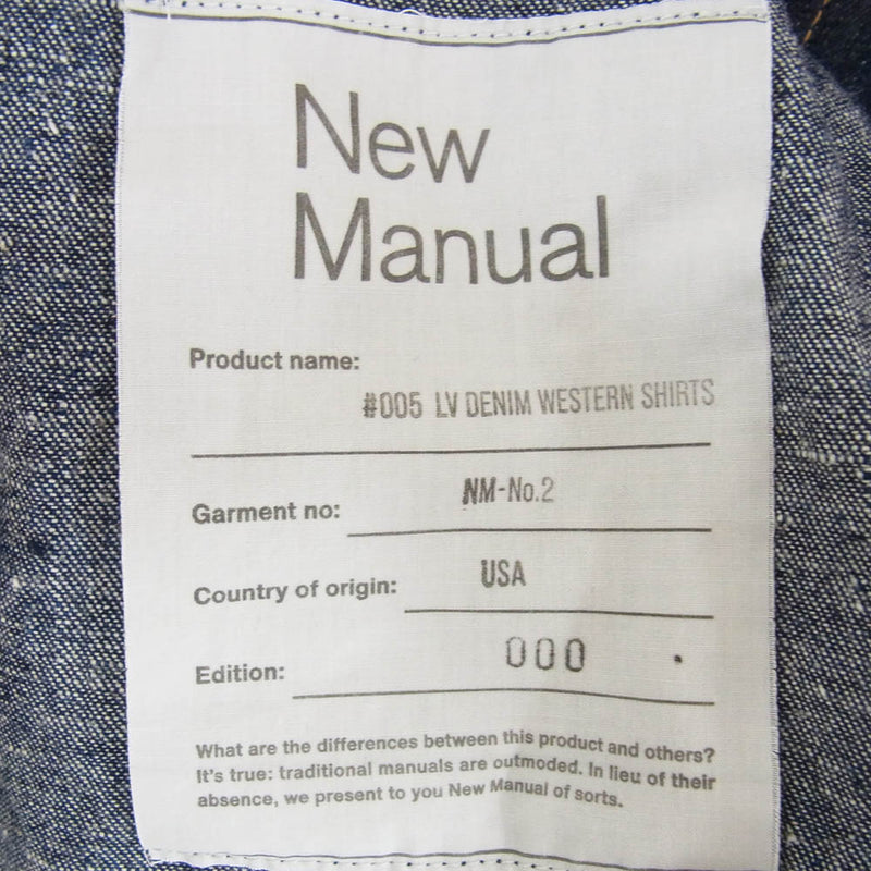 New Manual ニューマニュアル #005 LV DENIM WESTERN SHIRTS ONE-WASHED ウエスタン デニム 長袖 シャツ インディゴブルー系 15 1/2【中古】