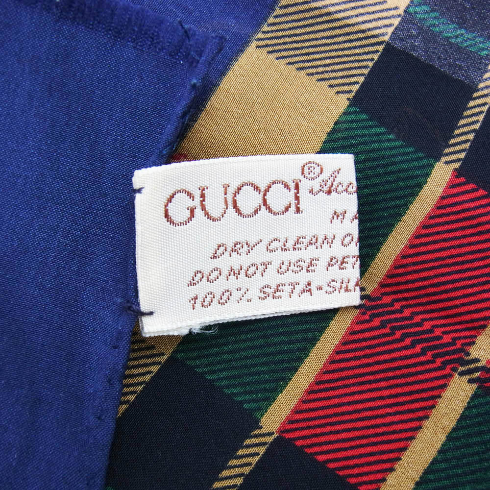 GUCCI グッチ シルク100％ 総柄 チェック ストール ネイビー系【中古】