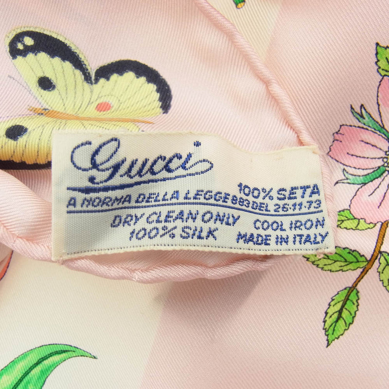 GUCCI グッチ シルク100％  蝶 チョウ フラワー 花柄 スカーフ ピンク ピンク系【中古】