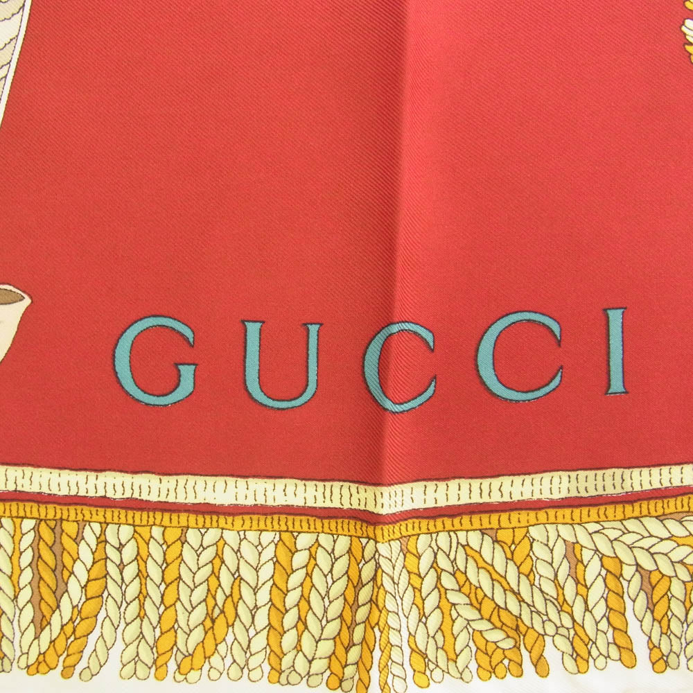 GUCCI グッチ シルク100% 旗 絨毯 総柄 スカーフ レッド系【中古】