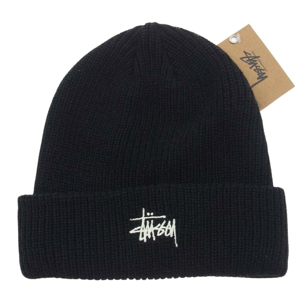 STUSSY ステューシー アクリル ニット キャップ ビーニー ロゴ 刺繍 ブラック系【中古】