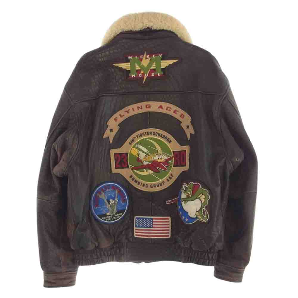 ディズニー 本革 レザー 襟ボア ワッペン フライト ジャケット