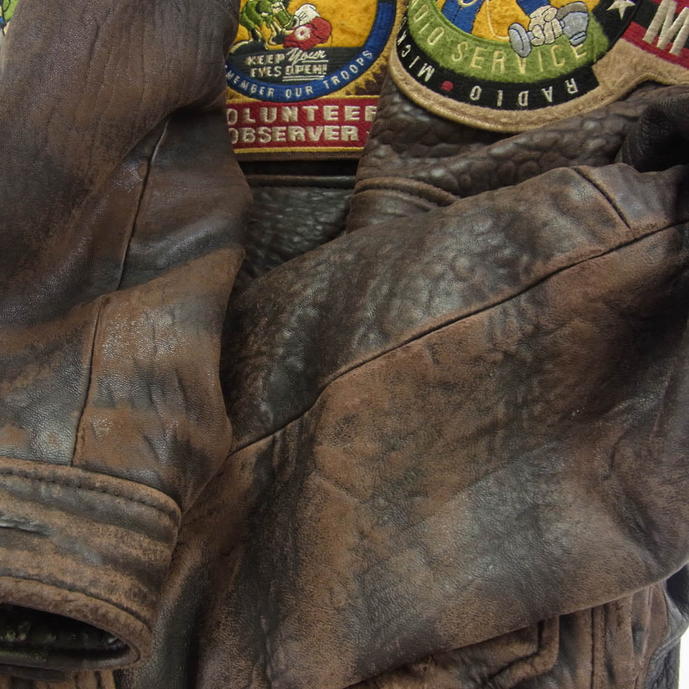 ディズニー 本革 レザー 襟ボア ワッペン フライト ジャケット ブラウン系 M【中古】