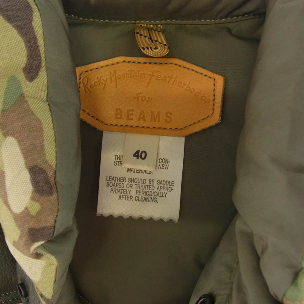 Rocky Mountain FeatherBed ロッキーマウンテンフェザーベッド 290-182-10 For BEAMS DOWN VEST カモフラージュ ダウン ベスト カモ柄 レザー切替 カーキ系 40【中古】