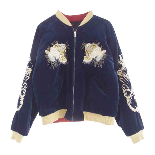 TAILOR TOYO テイラー東洋 M18427 別珍×サテンキルトリバーシブル スカジャン ドラゴン 白虎 日本地図 中綿 ネイビー系 L【中古】