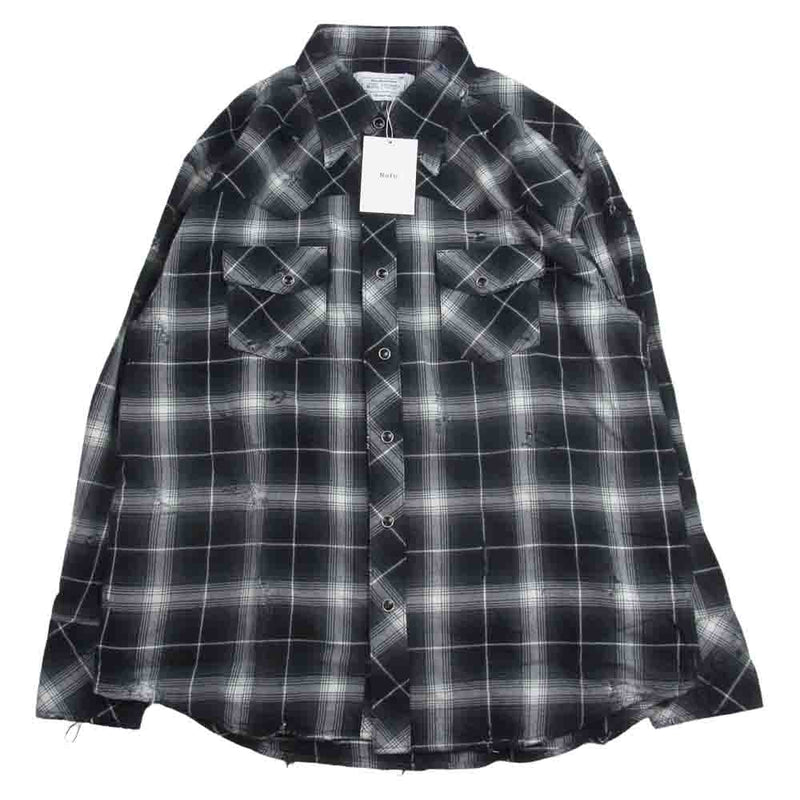 ラフ Rafu002 western shirt ダメージ加工 ウエスタンシャツ チェック 長袖 シャツ ブラック系 S【新古品】【未使用】【中古】