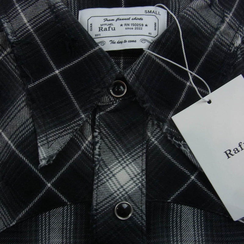 ラフ Rafu002 western shirt ダメージ加工 ウエスタンシャツ チェック 長袖 シャツ ブラック系 S【新古品】【未使用】【中古】