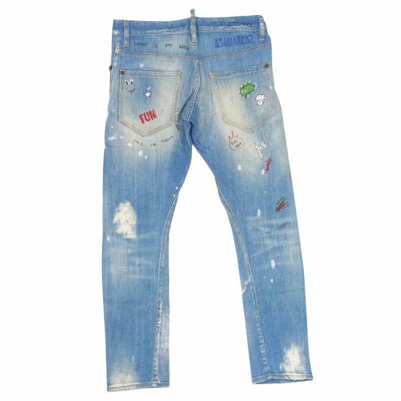 DSQUARED2 ディースクエアード 18SS S74LB0317 Sexy Twist Jean Baby Print セクシー ツイスト デニム ジーンズ ダメージ 加工 落書き インディゴブルー系 42【中古】