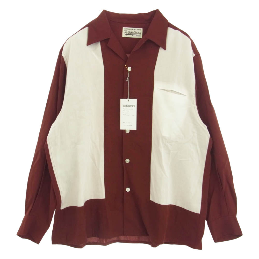 WACKO MARIA ワコマリア 22FW TWO-TONE 50S SHIRT リヨセル 長袖 シャツ カラー 切替 エンジ系 ホワイト系 M【美品】【中古】