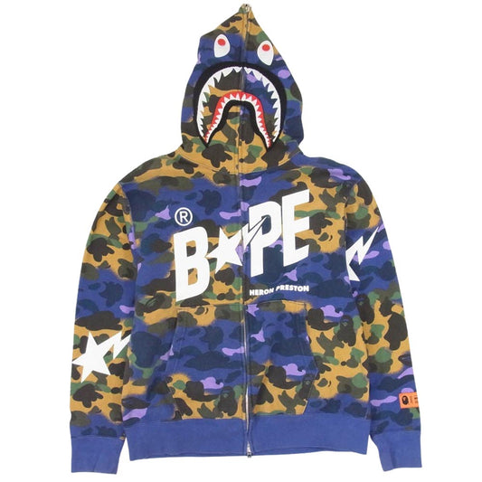 A BATHING APE アベイシングエイプ 001ZPI231902C × HERON PRESTON ロゴ プリント カモフラ 迷彩柄 ジップアップ シャーク フーディ パーカー パープル系 M【中古】