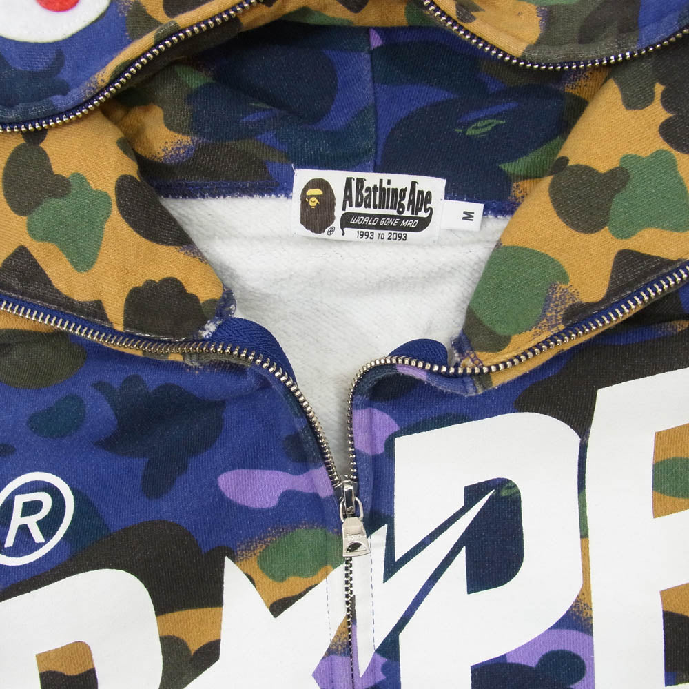 A BATHING APE アベイシングエイプ 001ZPI231902C × HERON PRESTON ロゴ プリント カモフラ 迷彩柄 ジップアップ シャーク フーディ パーカー パープル系 M【中古】