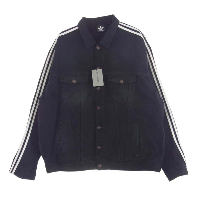 BALENCIAGA バレンシアガ 23SS 724775 TNW54 × ADIDAS アディダス サイドライン クラッシュ加工 デニム ジャケット ブラック系 3【極上美品】【中古】