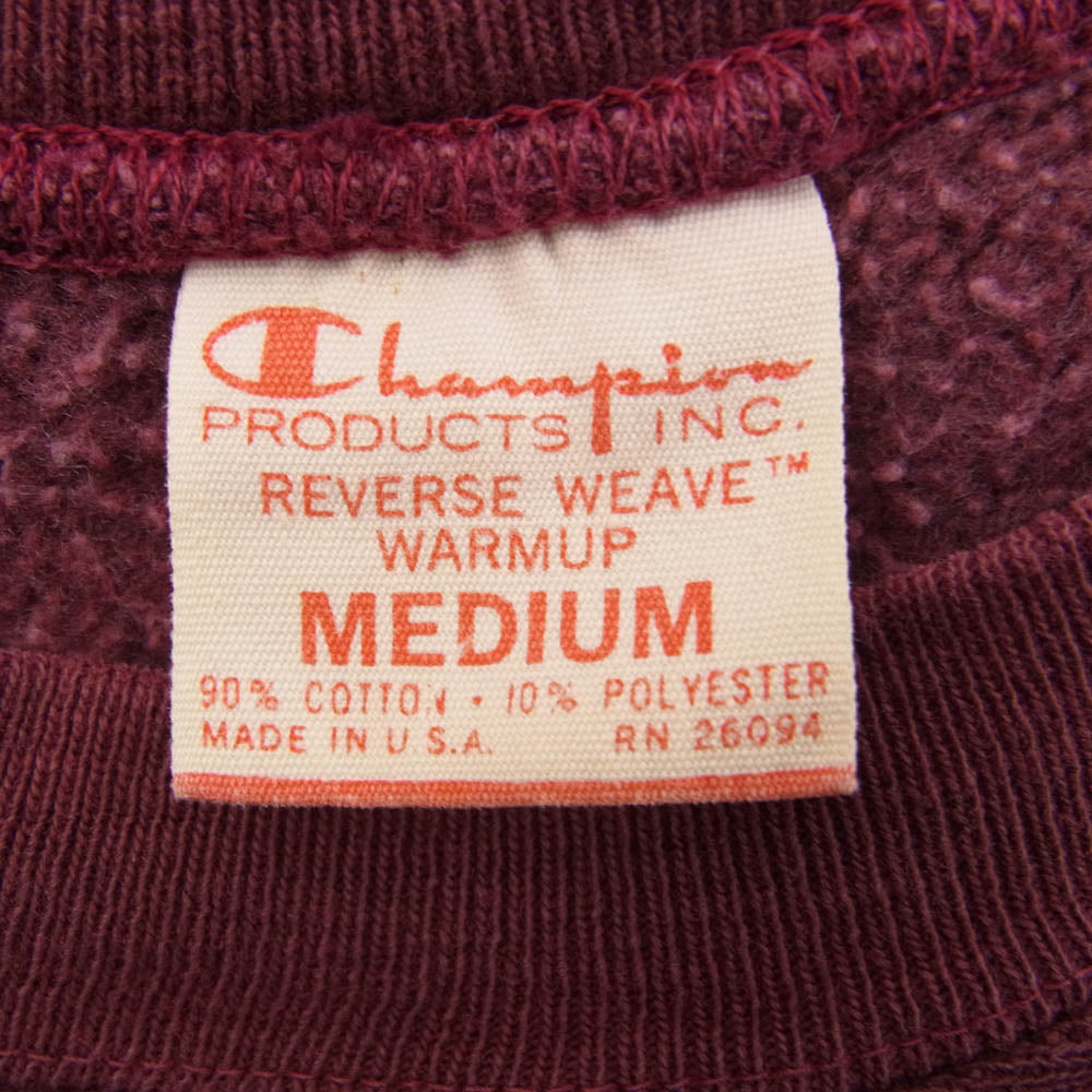 Champion チャンピオン 70s 単色タグ前期 REVERSE WEAVE リバースウィーブ NORTHEASTERN アーチプリント クルーネック スウェット トレーナー エンジ系 M【中古】