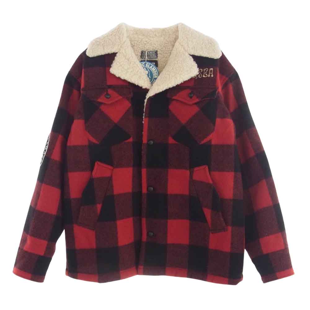 HYSTERIC GLAMOUR ヒステリックグラマー 02233ZI13350 × WIND AND SEA WDS Ranch Coat Red バック パイルワッペン バッファローチェック ランチコート ボアジャケット レッド系 M【美品】【中古】