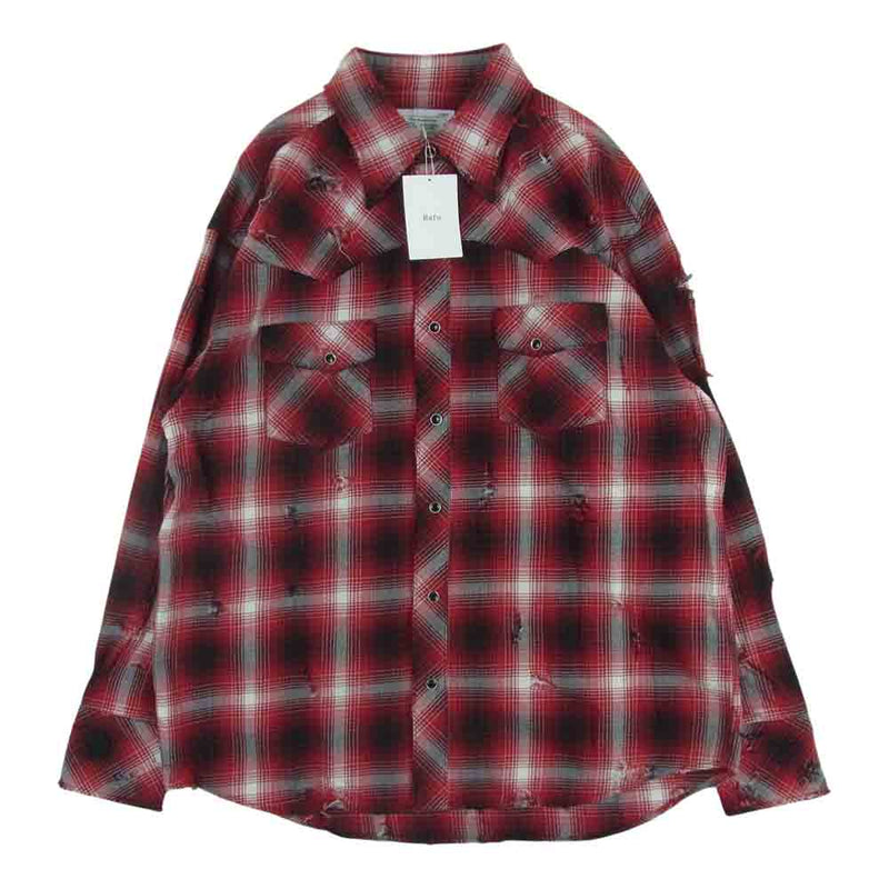 ラフ Rafu002 western shirt ダメージ クラッシュ 加工 チェック ウエスタン 長袖 シャツ レッド系 ブラック系 ホワイト系 L【極上美品】【中古】