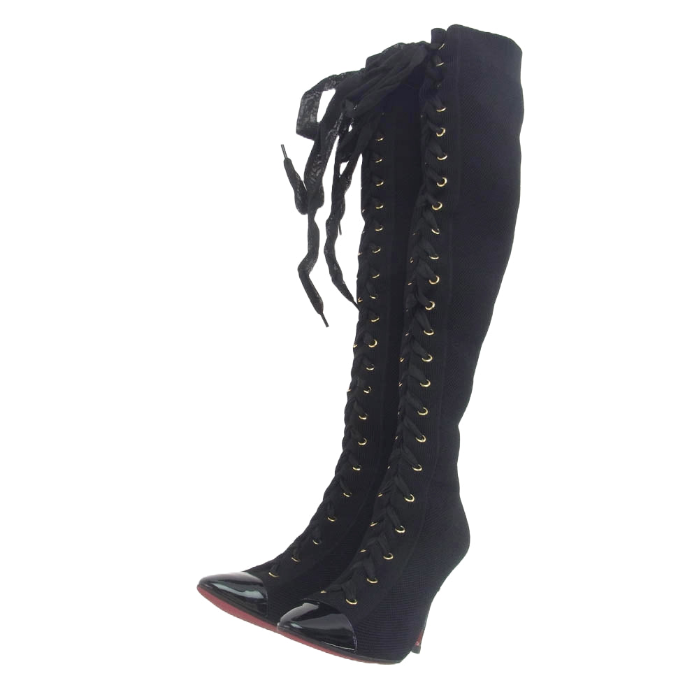 Christian Louboutin クリスチャンルブタン レース アップ ロング ブーツ ピンヒール ブラック系 EU38.5【中古】