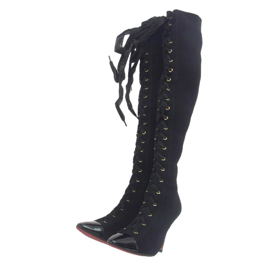 Christian Louboutin クリスチャンルブタン レース アップ ロング ブーツ ピンヒール ブラック系 EU38.5【中古】