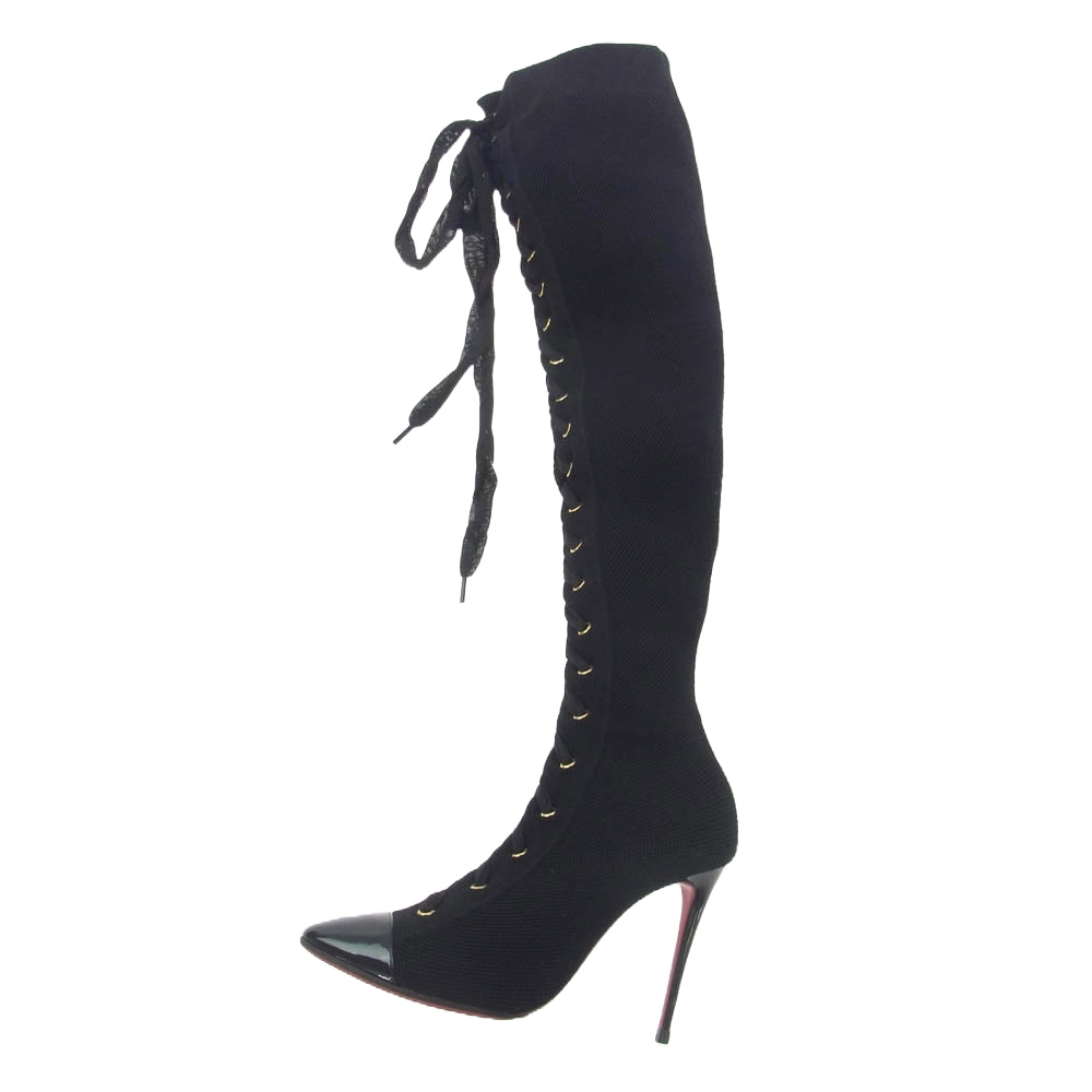 Christian Louboutin クリスチャンルブタン レース アップ ロング ブーツ ピンヒール ブラック系 EU38.5【中古】