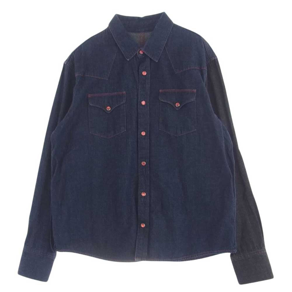 スリーフェイス デニム 長袖 ウエスタン シャツ レッド ステッチ インディゴブルー系 M【中古】