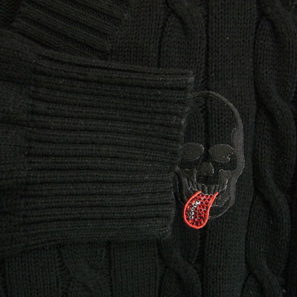 Lucien Pellat-Finet ルシアンペラフィネ 国内正規品 カシミヤ混コットン スカル刺繍 ラインストーン Vネック ケーブル ニット セーター ブラック系 L【中古】