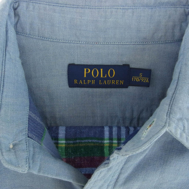 POLO RALPH LAUREN ポロ・ラルフローレン 710539546001 二重生地 裏地マドラスチェック シャンブレー ワーク デニム 長袖 シャツ ライトブルー系 S【中古】