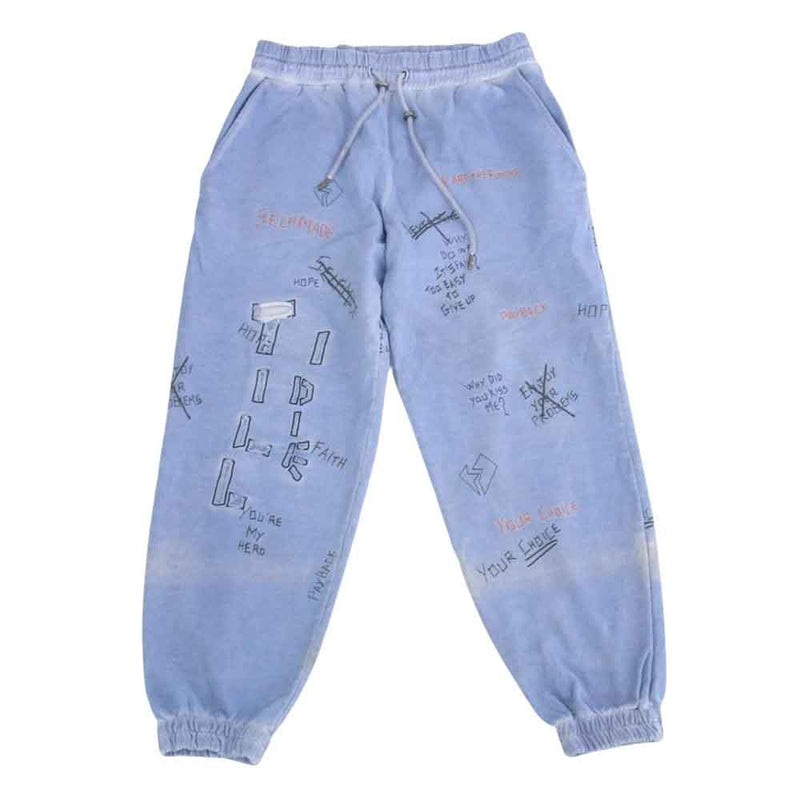 セルフメイド 20AW イタリア製 WRITTINGS SWEAT PANTS 総柄 刺繍プリント スウェットパンツ パープル系 ブルー系 M【中古】