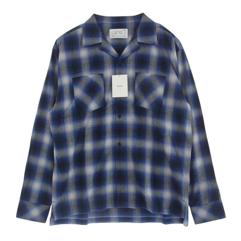 ラフ 24SS Rafu025 BOX SHIRT ボックスシャツ コットン レーヨン オンブレチェック オープンカラー 長袖 シャツ ブルー系 L【極上美品】【中古】