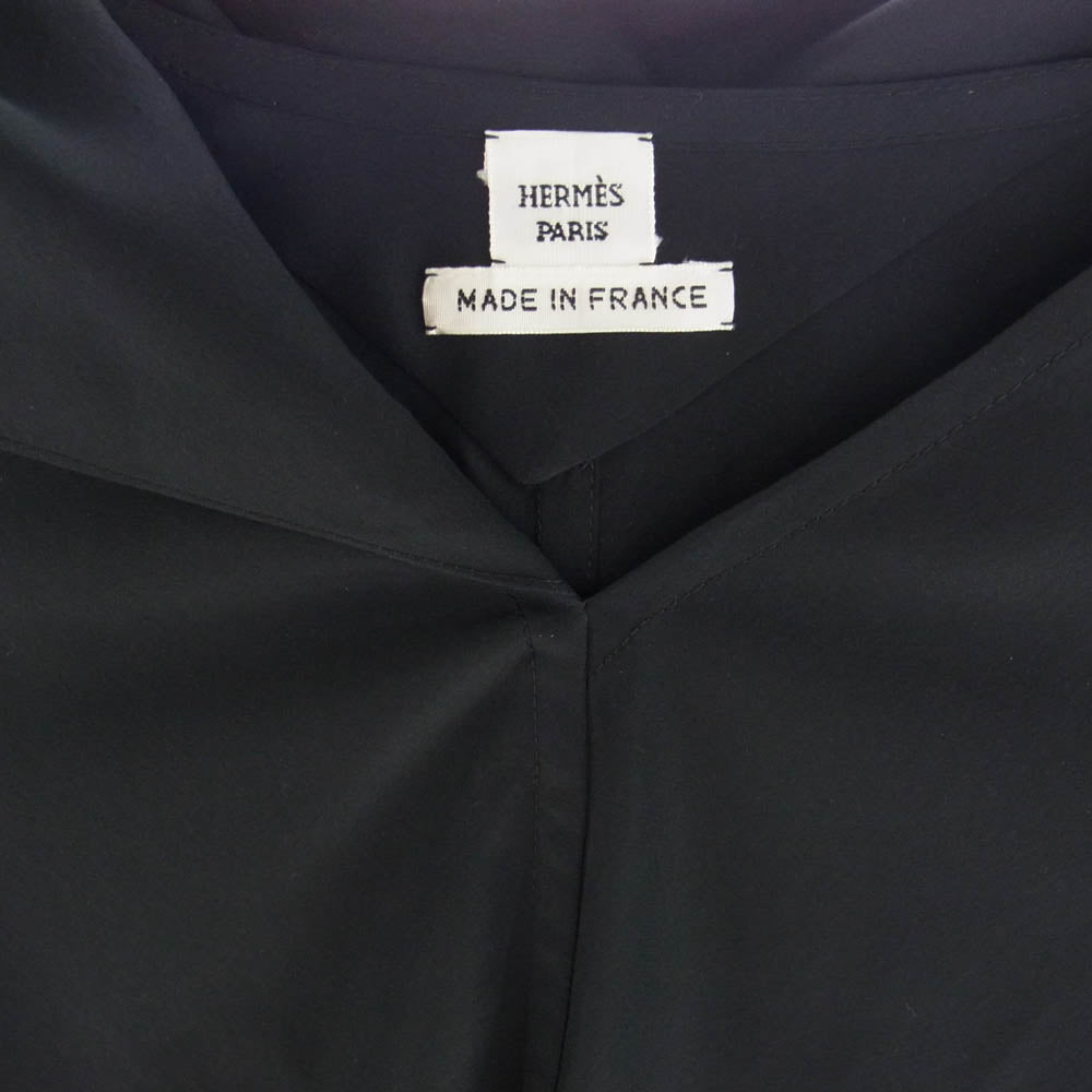 HERMES エルメス スカーフカラー シルク100％ プルオーバー シャツ ブラウス ブラック系 34【中古】