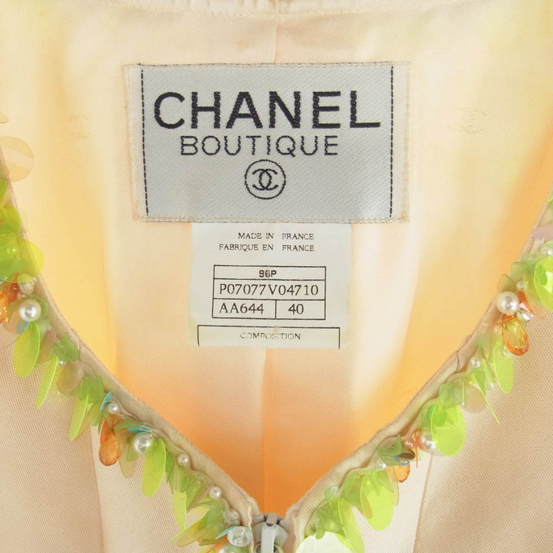 CHANEL シャネル 96SS BOUTIQUE 90s スパンコール ビジュー装飾 裏地ココマーク総柄 シルク100% 半袖 ジャケット ベージュ系 40【中古】