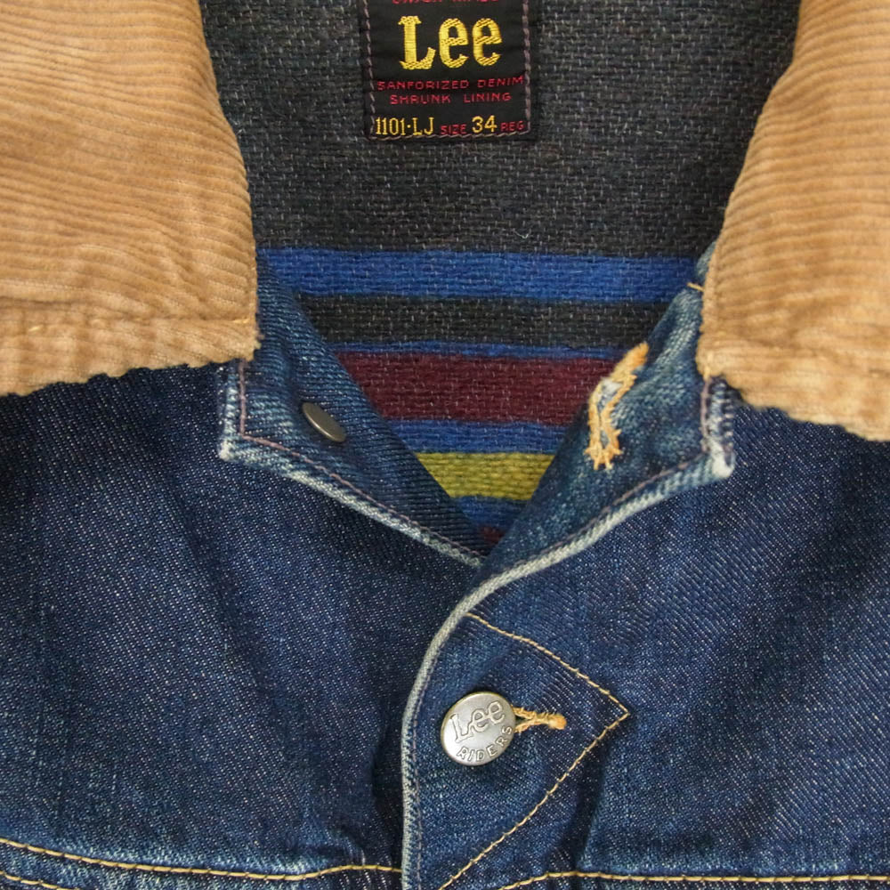 The REAL McCOY'S ザリアルマッコイズ 1101-LJ × LEE リアルマッコイズ ストームライダー デニム ジャケット 襟 コーデュロイ切替 裏地 ブランケット インディゴブルー系 34【中古】