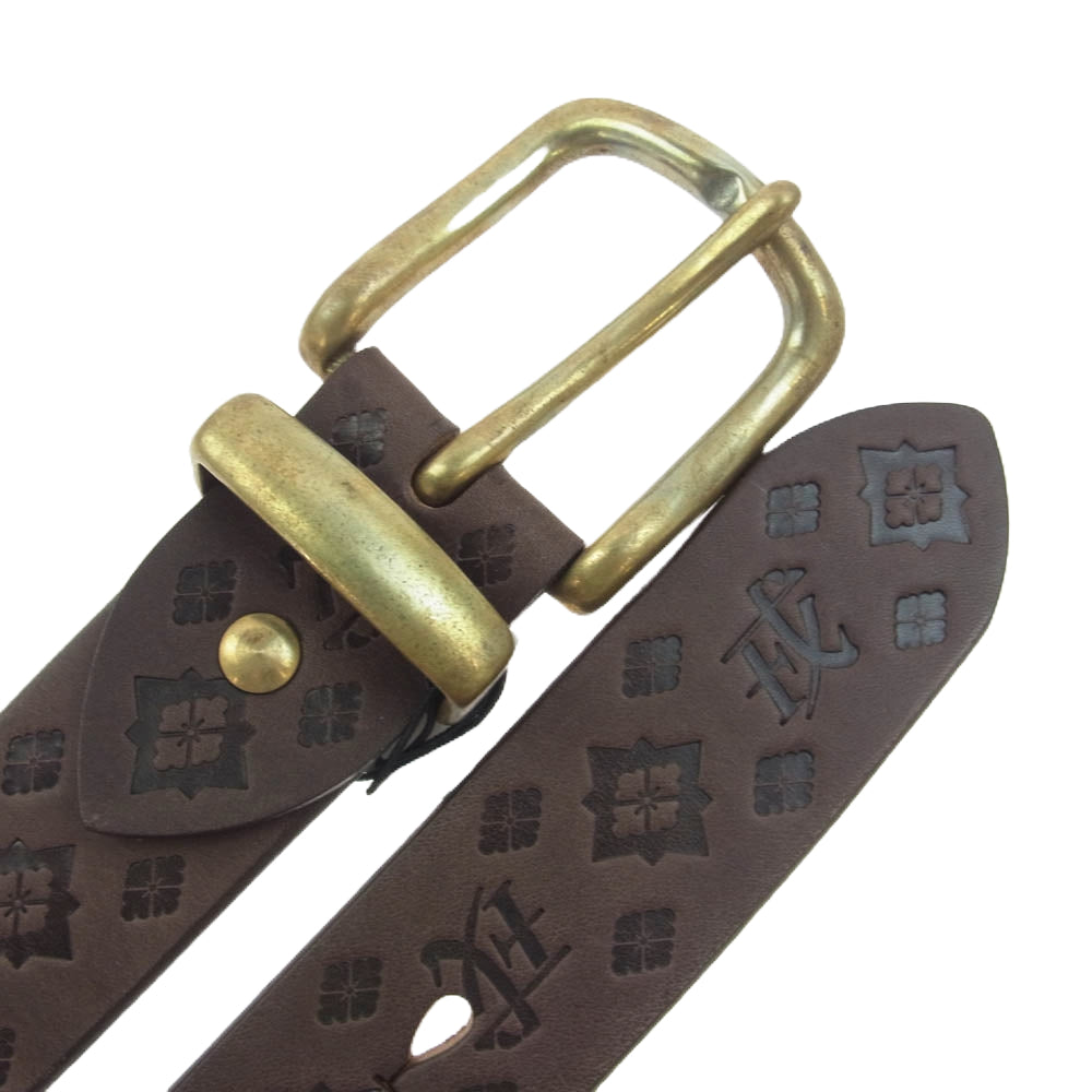 EVISU エヴィス レザー ベルト 型押し 家紋 戒 ブラウン系 L【美品】【中古】