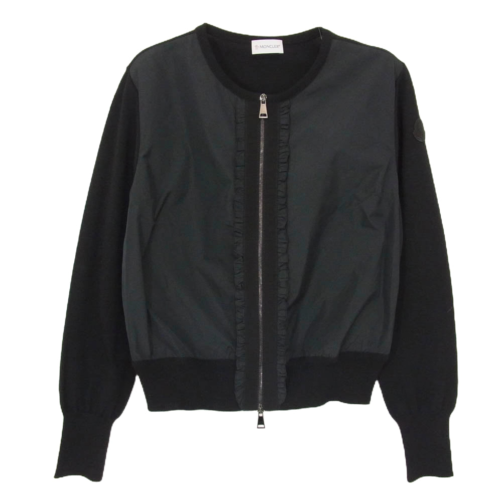 MONCLER モンクレール G20939B00012 CARDIGAN TRICOT ナイロン ニット 切替 フリル ジップ カーディガン ジャケット ブラック系 S【中古】