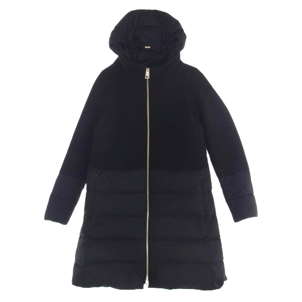 Herno ヘルノ PI0848D-39601-9300 DIAGONAL WOOL AND NUAGE PARKA ウール切替 フード ダウン コート ジャケット ブラック系 42【美品】【中古】