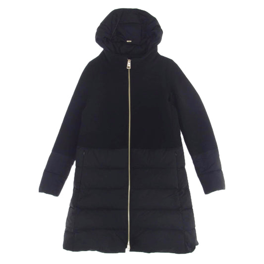 Herno ヘルノ PI0848D-39601-9300 DIAGONAL WOOL AND NUAGE PARKA ウール切替 フード ダウン コート ジャケット ブラック系 42【美品】【中古】