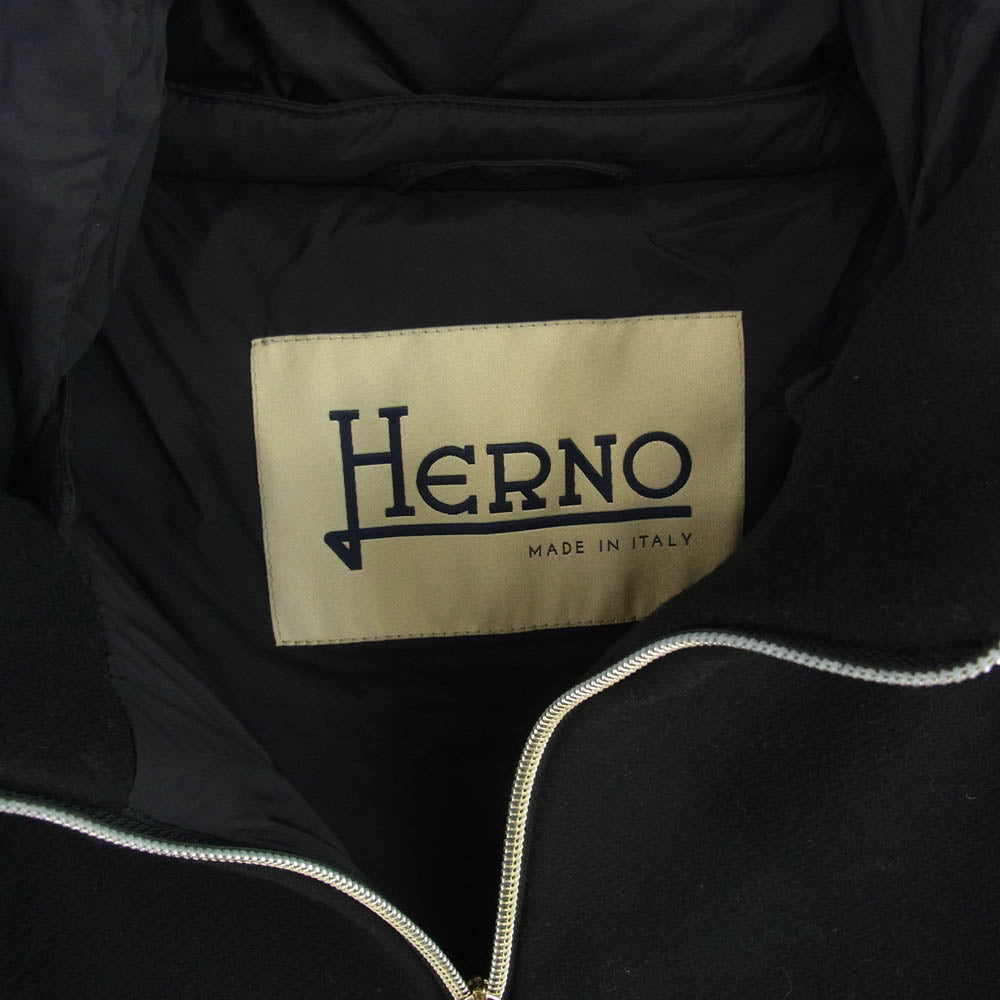 Herno ヘルノ PI0848D-39601-9300 DIAGONAL WOOL AND NUAGE PARKA ウール切替 フード ダウン コート ジャケット ブラック系 42【美品】【中古】