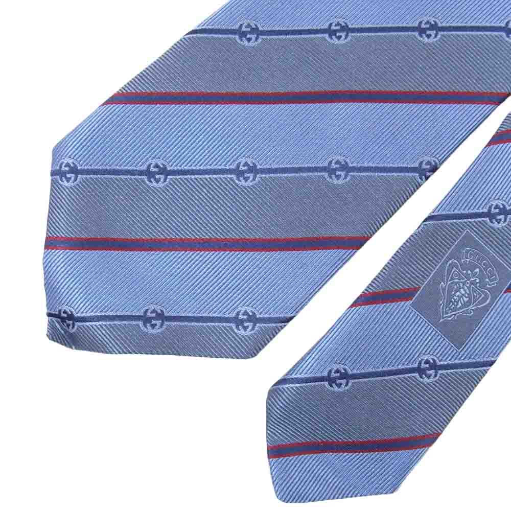 GUCCI グッチ シルク100% レギュラータイ GGロゴ ネクタイ ブルー系【美品】【中古】
