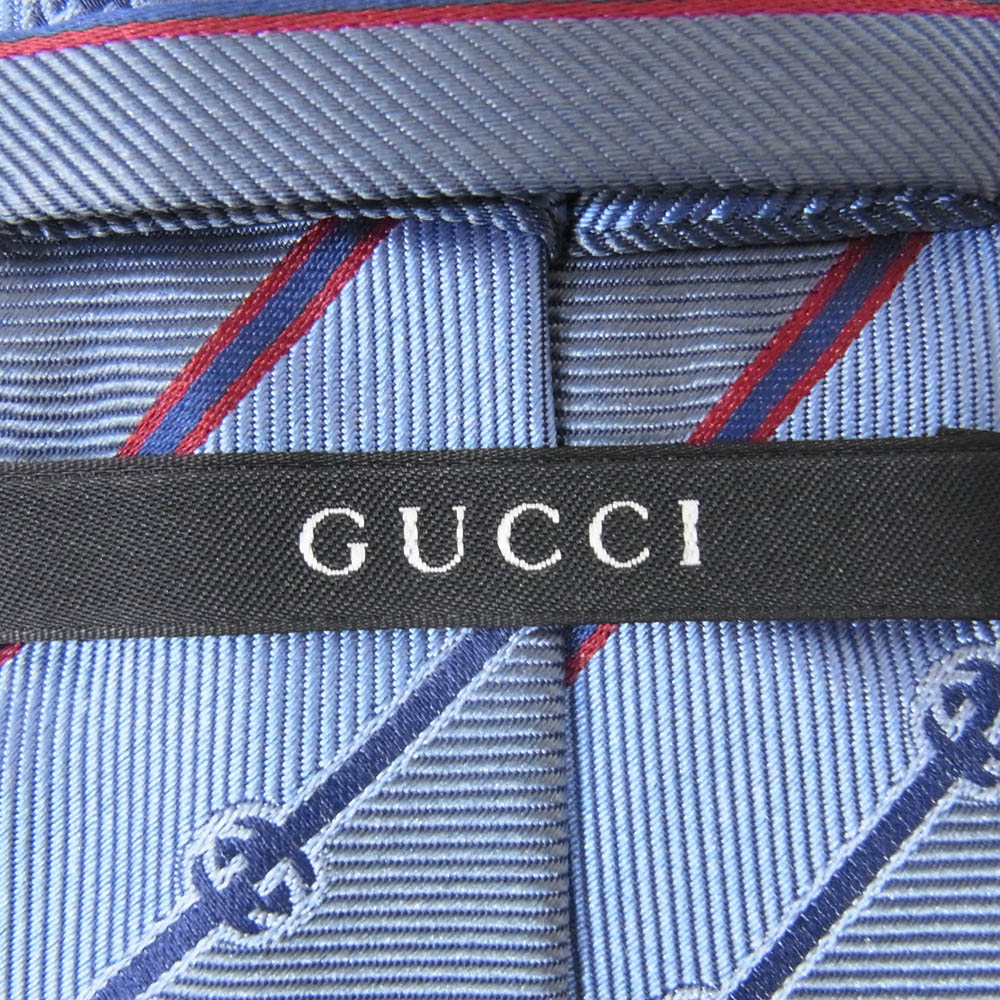GUCCI グッチ シルク100% レギュラータイ GGロゴ ネクタイ ブルー系【美品】【中古】