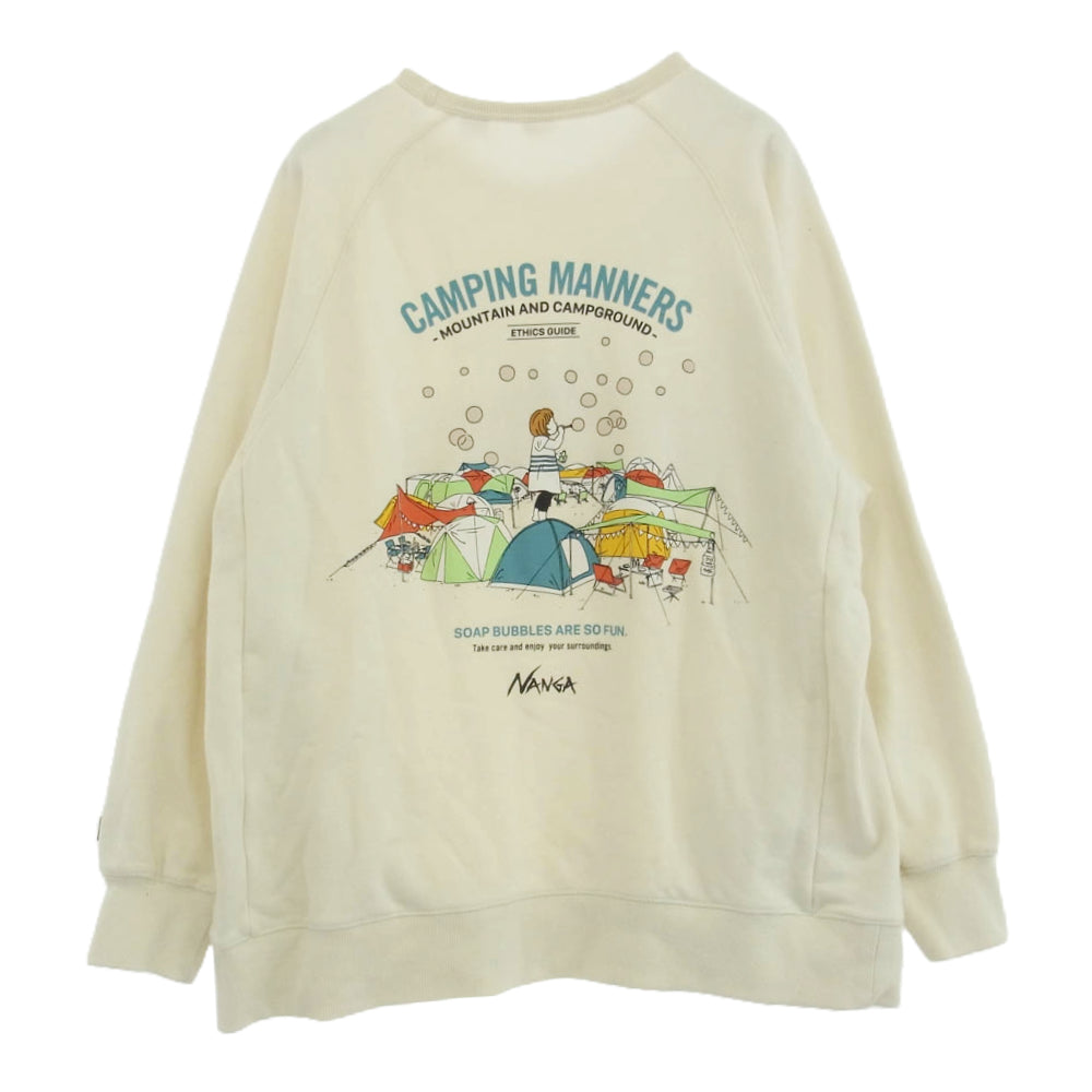 NANGA ナンガ NW2411-1F701-A ECO Hybrid Camping Manners Soap Bubbles Crew Sweat エコ ハイブリッド キャンピング マナー ソープ バブル クルー スウェット オフホワイト系 L【中古】