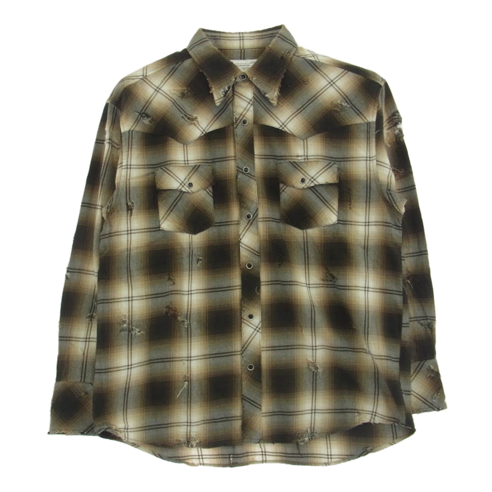 ラフ Rafu002 western shirt ダメージ加工 ウエスタンシャツ チェック 長袖 シャツ ブラウン系 L【新古品】【未使用】【中古】