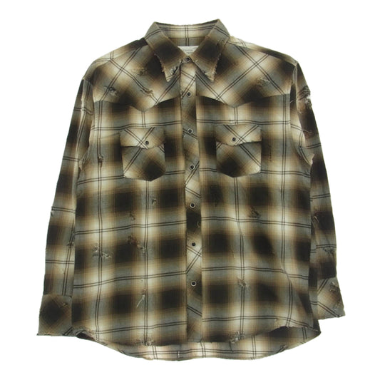 ラフ Rafu002 western shirt ダメージ加工 ウエスタンシャツ チェック 長袖 シャツ ブラウン系 L【新古品】【未使用】【中古】