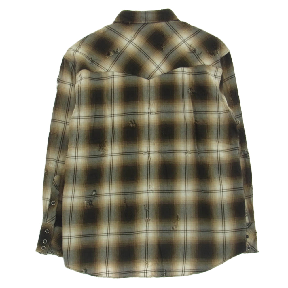 ラフ Rafu002 western shirt ダメージ加工 ウエスタンシャツ チェック 長袖 シャツ ブラウン系 L【新古品】【未使用】【中古】