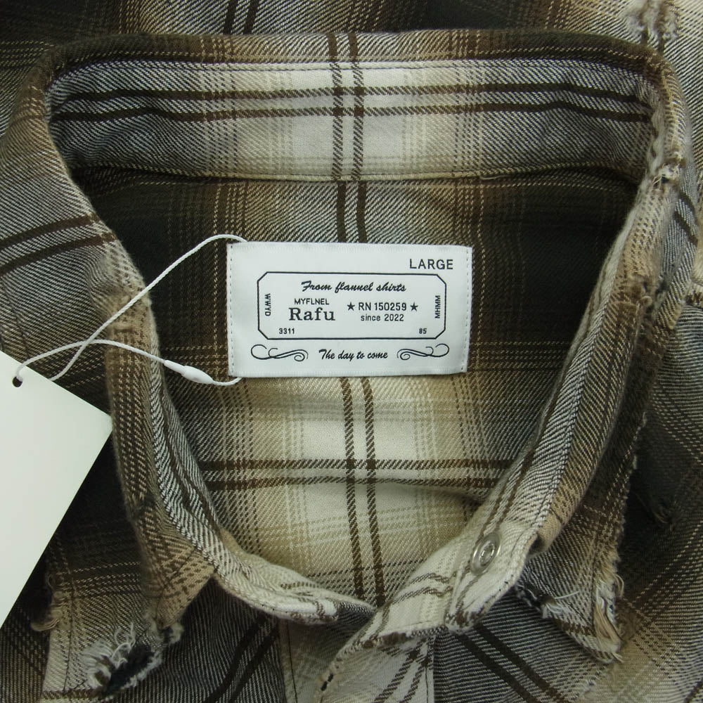 ラフ Rafu002 western shirt ダメージ加工 ウエスタンシャツ チェック 長袖 シャツ ブラウン系 L【新古品】【未使用】【中古】