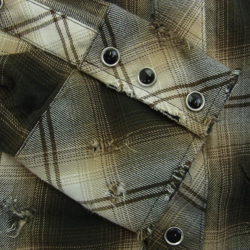 ラフ Rafu002 western shirt ダメージ加工 ウエスタンシャツ チェック 長袖 シャツ ブラウン系 L【新古品】【未使用】【中古】