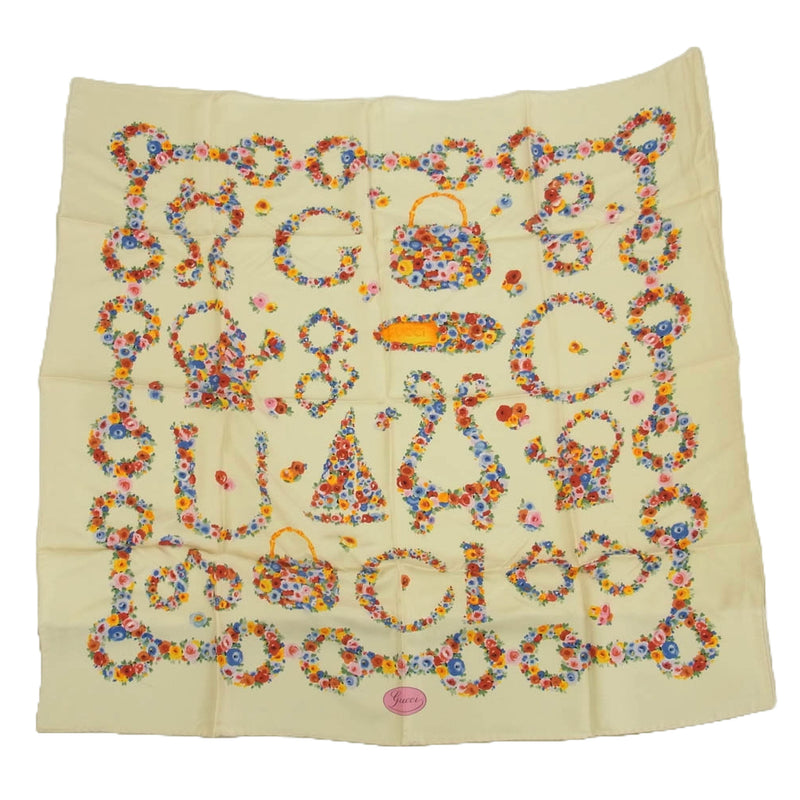 GUCCI グッチ シルク100％ OLD オールド 花柄 フラワー スカーフ ホワイト オフホワイト系【中古】