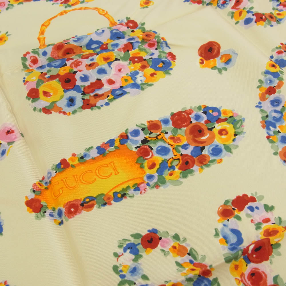 GUCCI グッチ シルク100％ OLD オールド 花柄 フラワー スカーフ ホワイト オフホワイト系【中古】