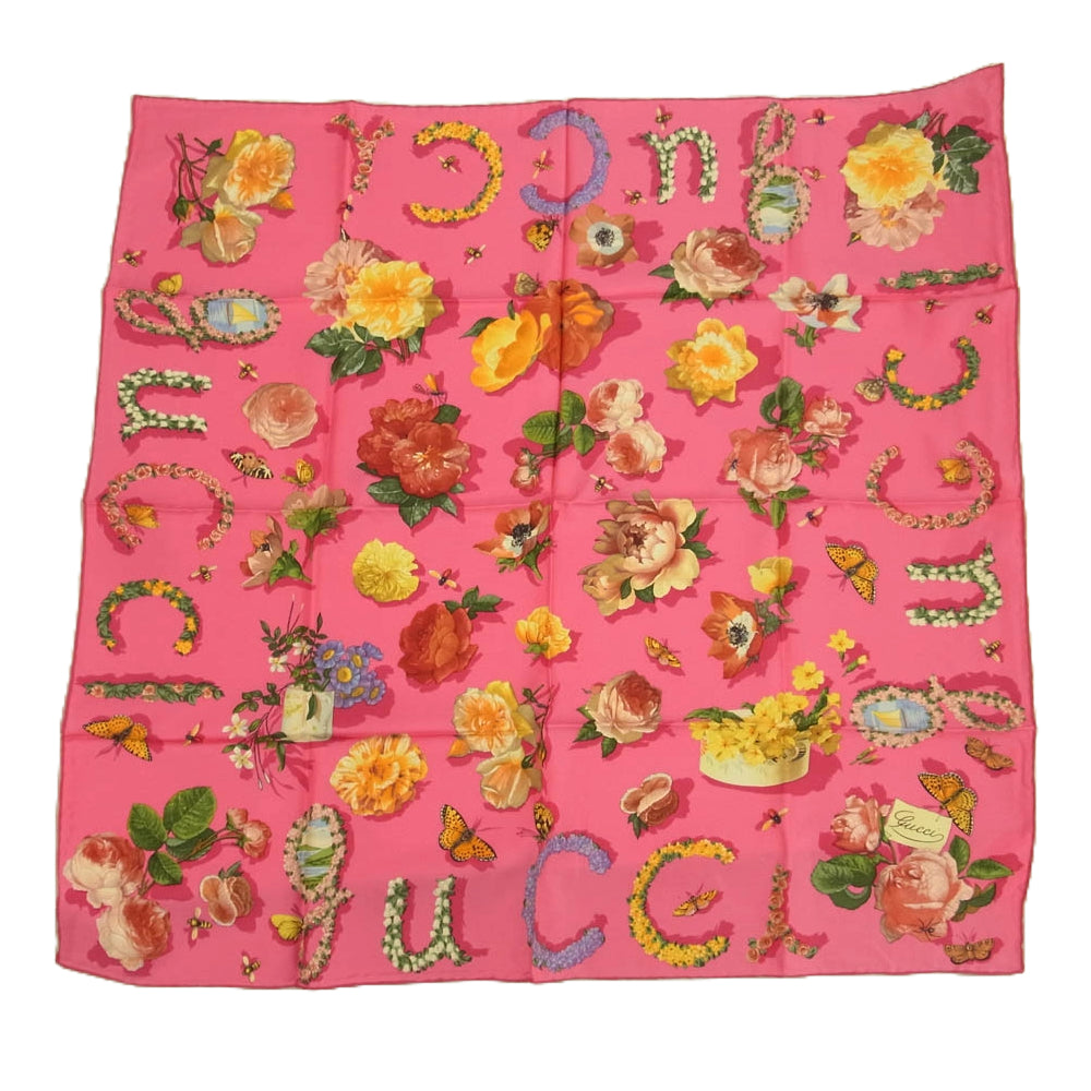 GUCCI グッチ シルク100％ OLD オールド BEE 蜂 バタフライ 花柄 フラワー スカーフ ピンク ピンク系【中古】
